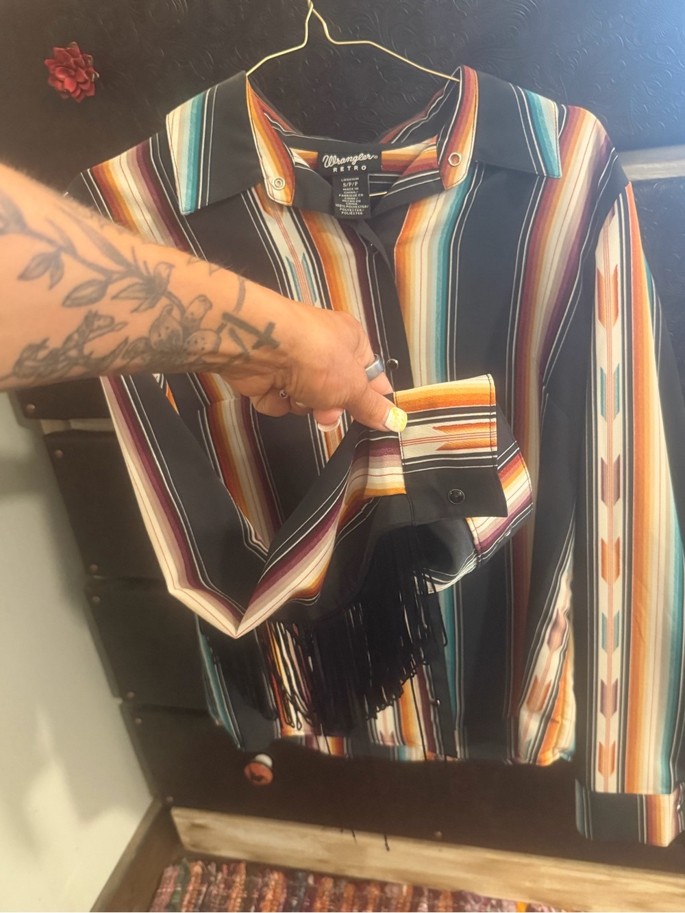 Wrangler woman’s  Black Multi-Stripe Western Shirt with fringe
